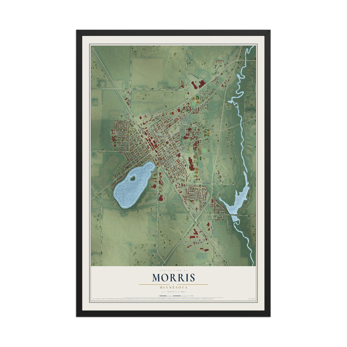 Map of Morris, Minnesota, 12 x 18 inch print in a black wood frame