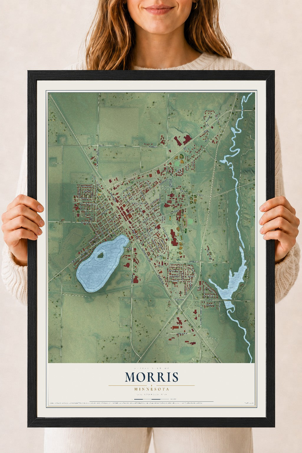 Map of Morris, Minnesota, 18 x 24 inch print in a black wood frame