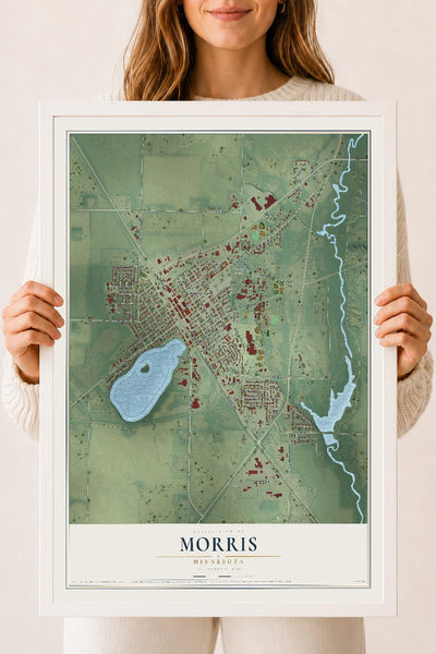Map of Morris, Minnesota, 18 x 24 inch print in a white wood frame