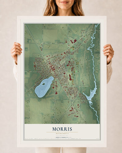 Map of Morris, Minnesota, 24 x 36 inch print in a white wood frame