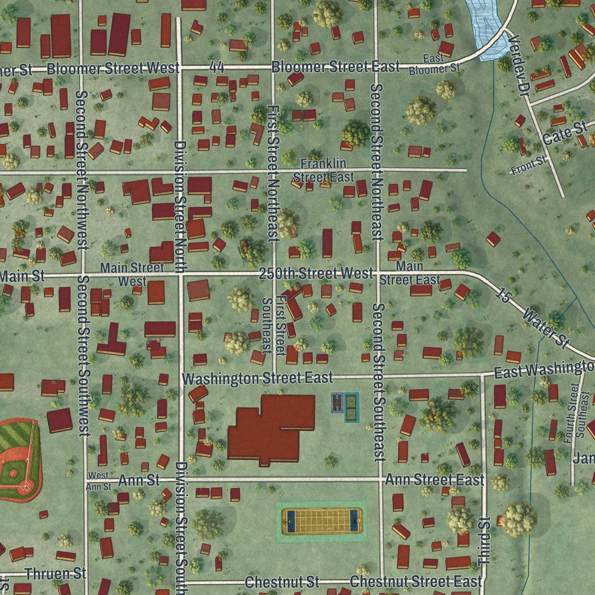 Close-up of the map of Morristown, Minnesota print showing street and building detail