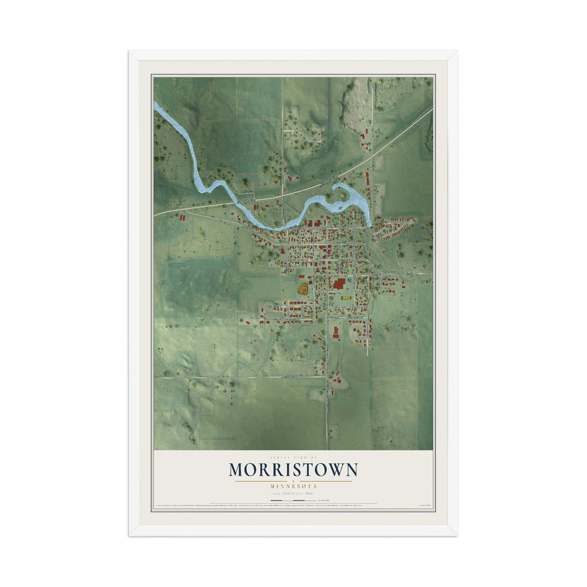 Map of Morristown, Minnesota, 12 x 18 inch print in a white wood frame