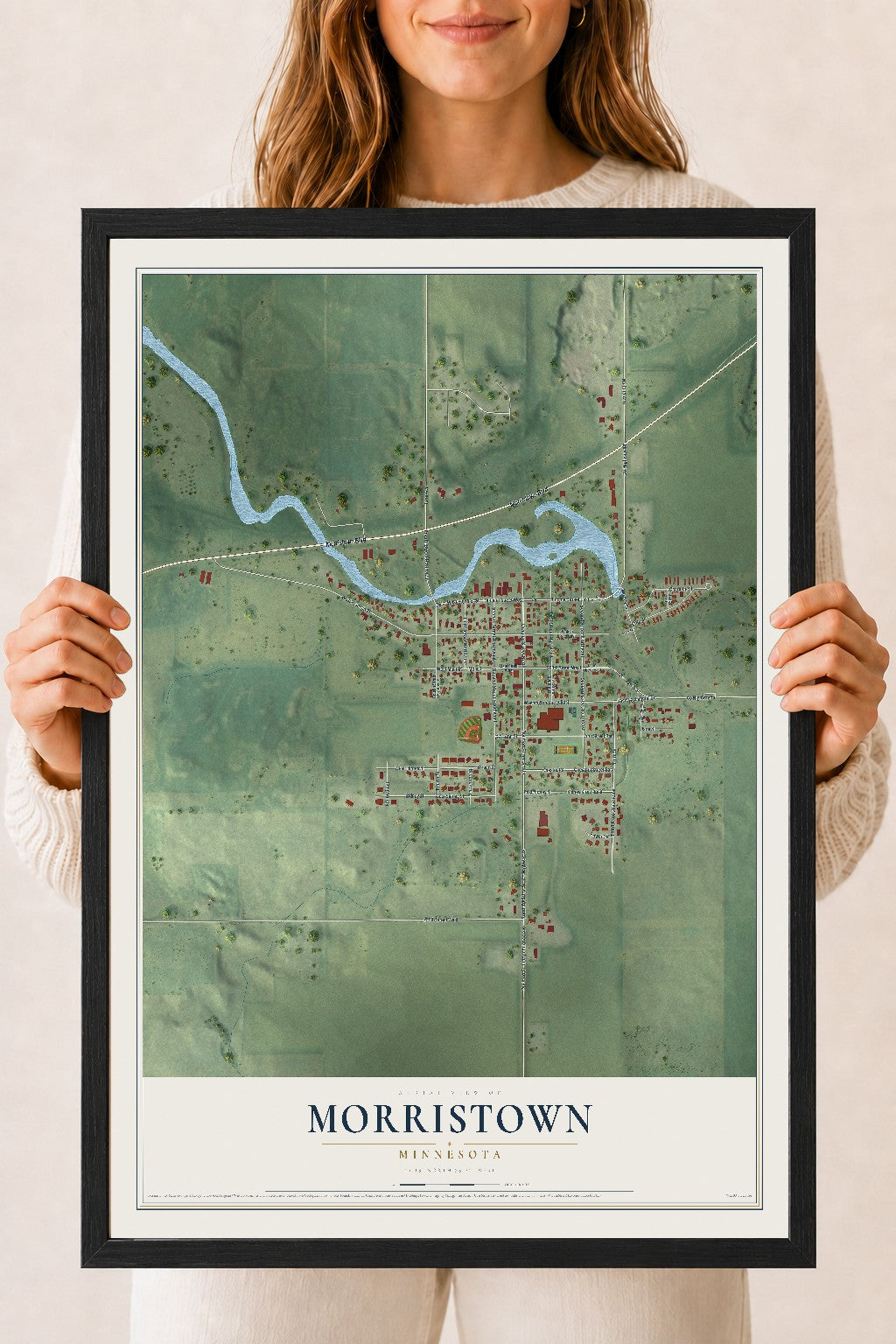 Map of Morristown, Minnesota, 18 x 24 inch print in a black wood frame