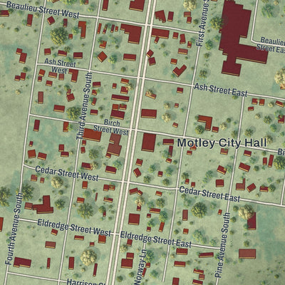 Close-up of the map of Motley, Minnesota print showing street and building detail