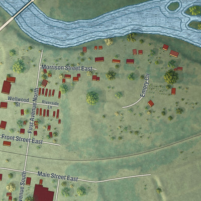 Second close-up of the map of Motley, Minnesota print showing more streets and buildings
