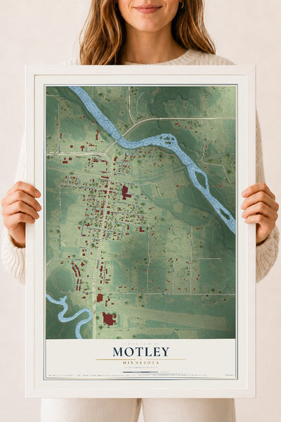 Map of Motley, Minnesota, 18 x 24 inch print in a white wood frame