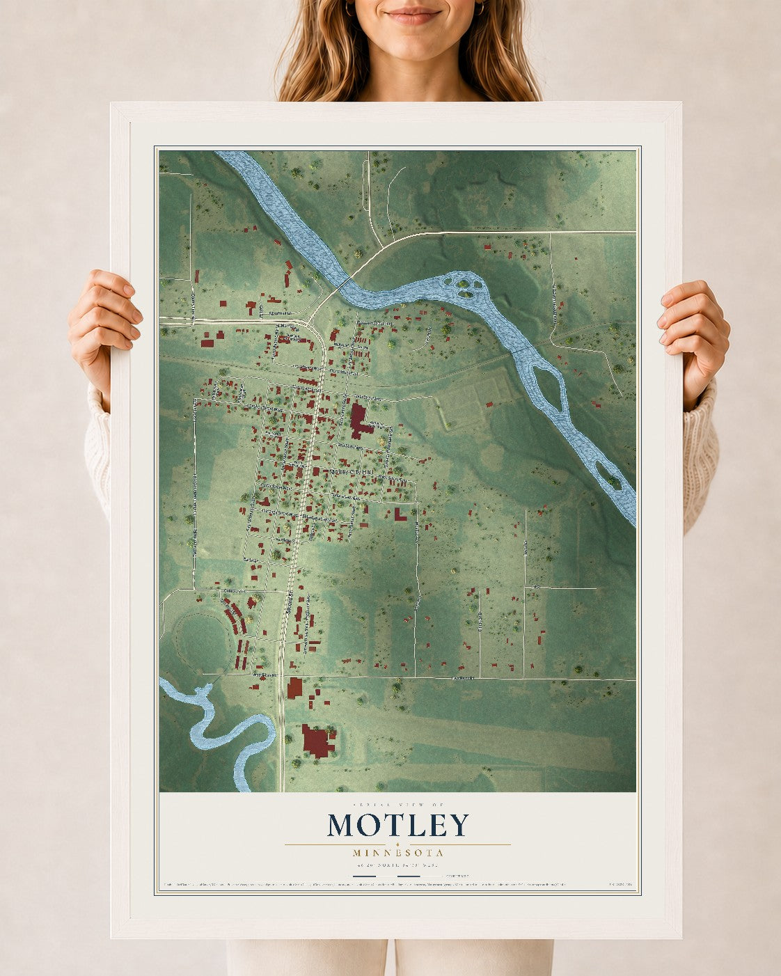 Map of Motley, Minnesota, 24 x 36 inch print in a white wood frame