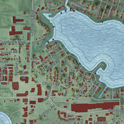 Close-up of the map of Mound, Minnesota print showing street and building detail