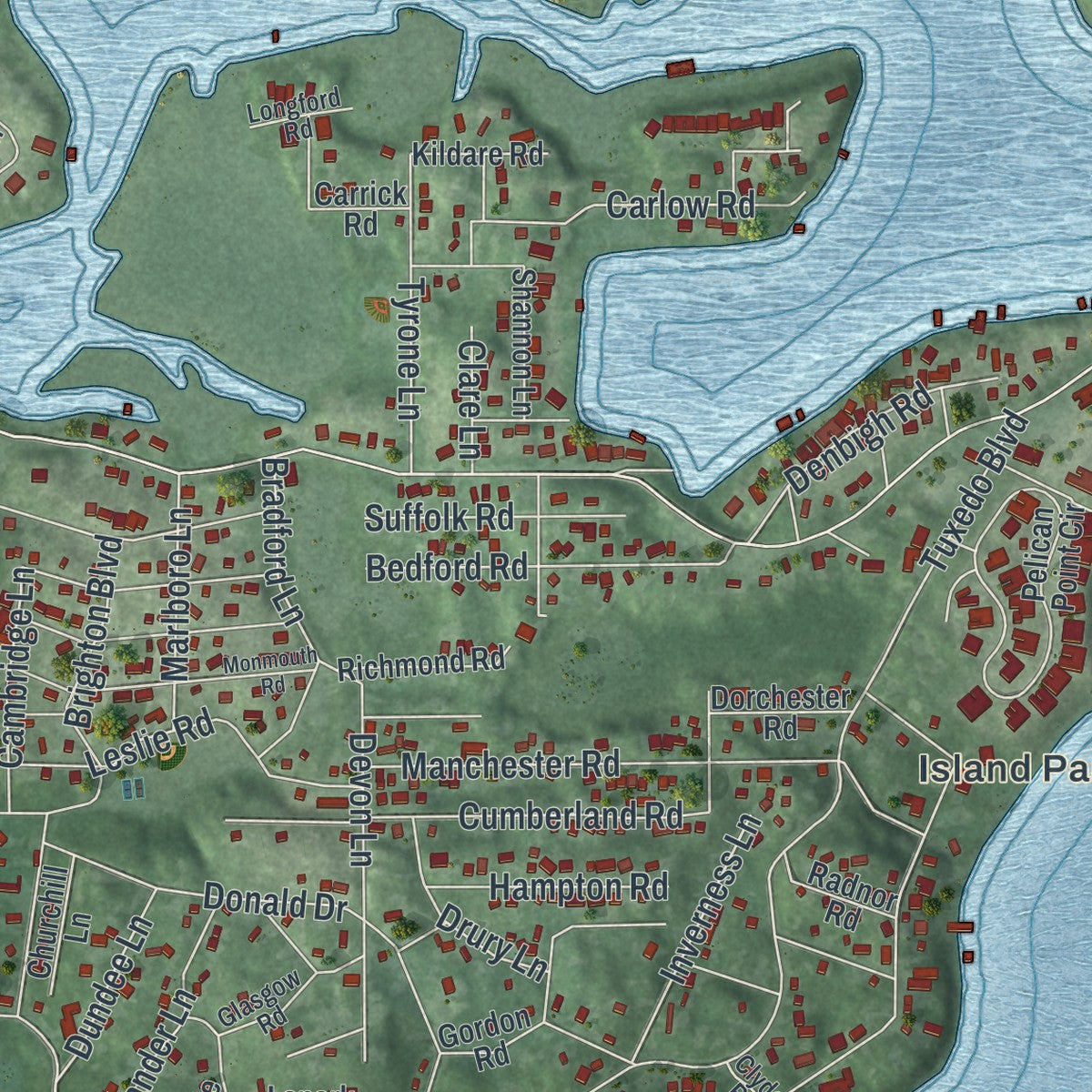 Second close-up of the map of Mound, Minnesota print showing more streets and buildings