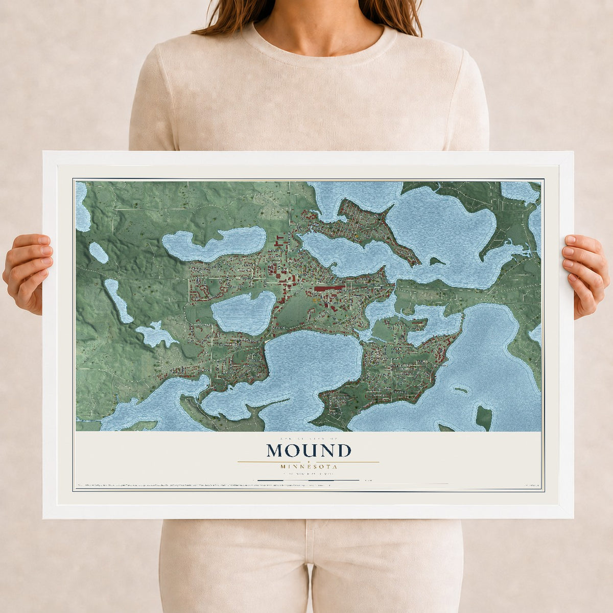 Map of Mound, Minnesota, 12 x 18 inch print in a white wood frame
