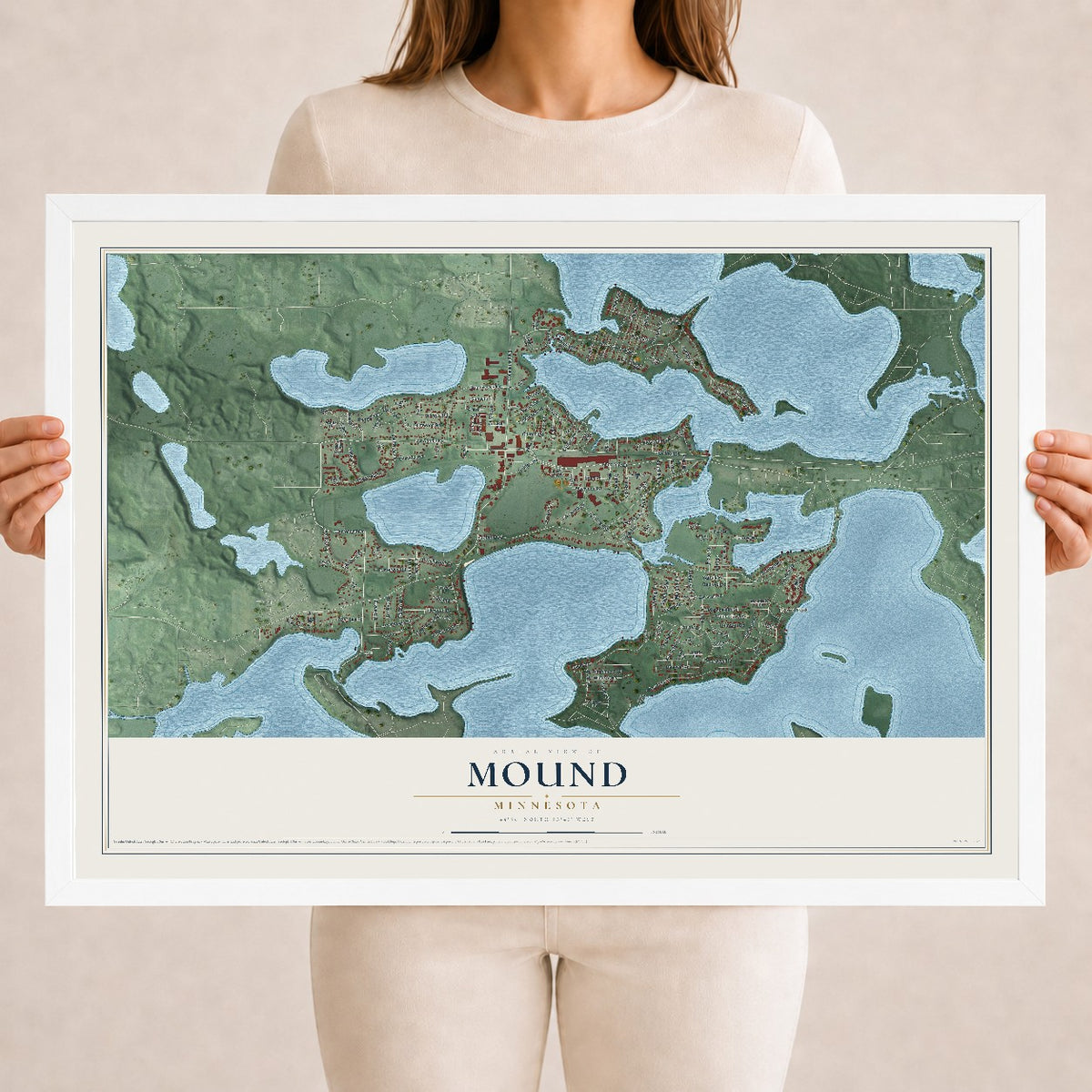 Map of Mound, Minnesota, 18 x 24 inch print in a white wood frame
