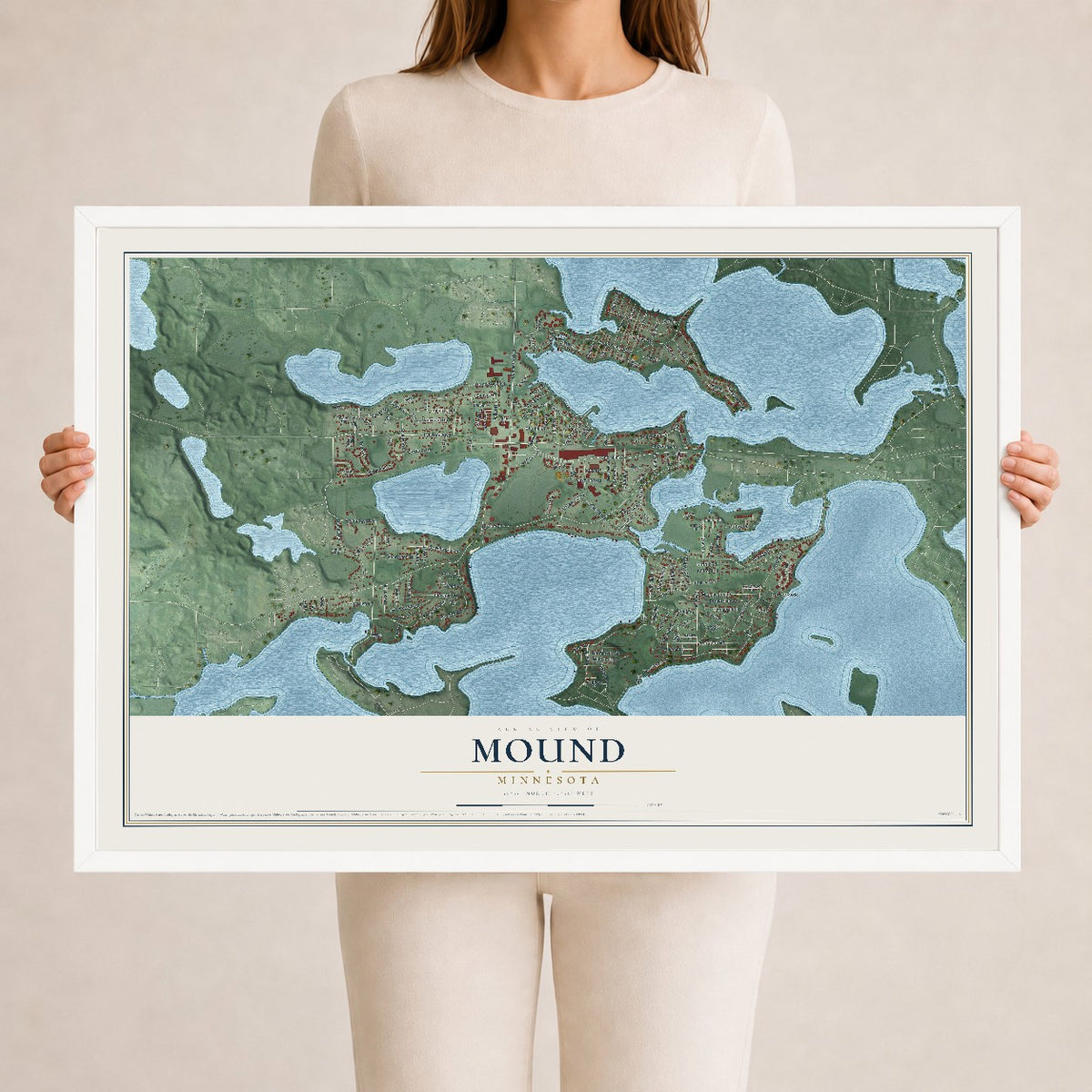 Map of Mound, Minnesota, 24 x 36 inch print in a white wood frame