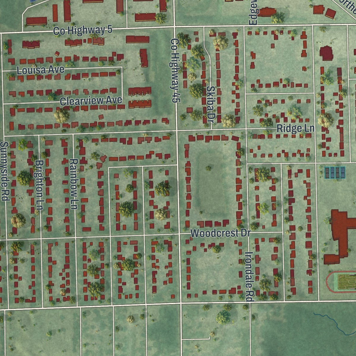 Close-up of the map of Mounds View, Minnesota print showing street and building detail