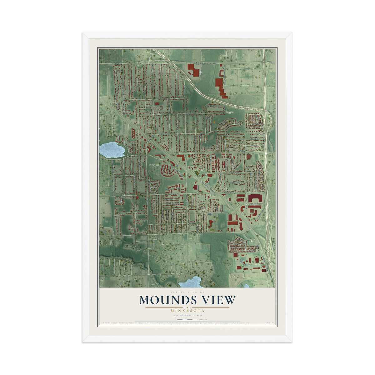 Map of Mounds View, Minnesota, 12 x 18 inch print in a white wood frame