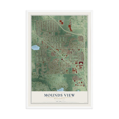 Map of Mounds View, Minnesota, 12 x 18 inch print in a white wood frame