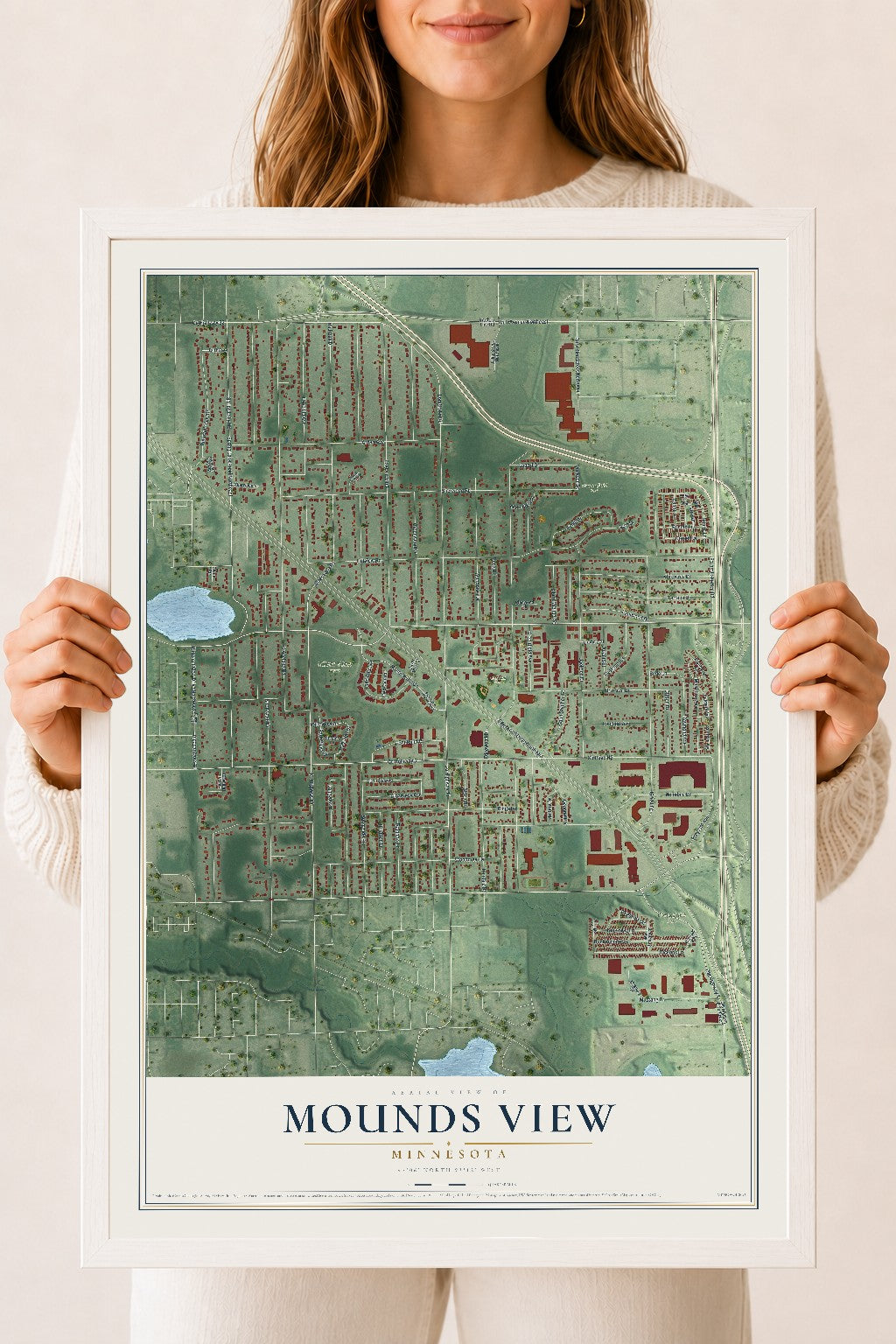 Map of Mounds View, Minnesota, 18 x 24 inch print in a white wood frame