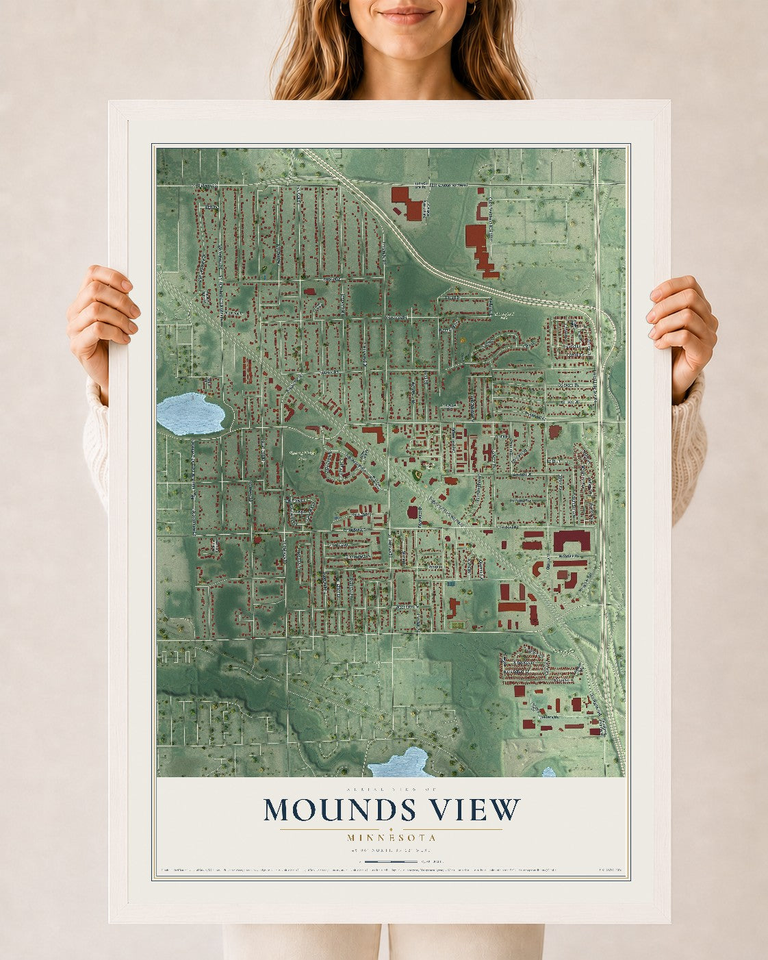 Map of Mounds View, Minnesota, 24 x 36 inch print in a white wood frame