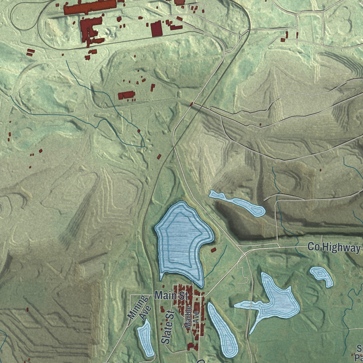Second close-up of the map of Mountain Iron, Minnesota print showing more streets and buildings
