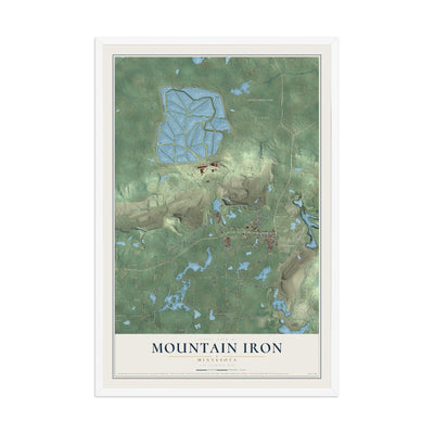 Map of Mountain Iron, Minnesota, 12 x 18 inch print in a white wood frame