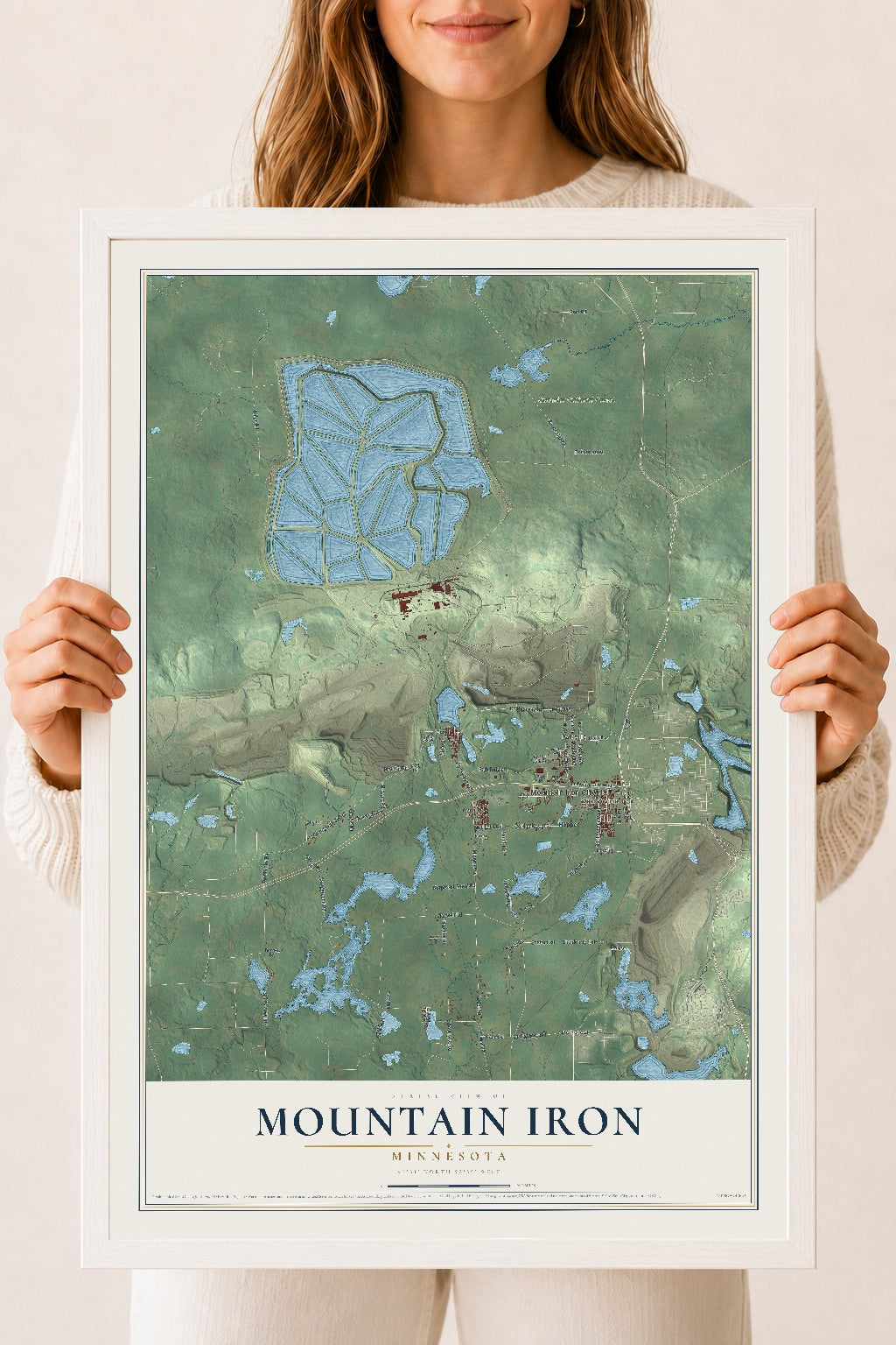 Map of Mountain Iron, Minnesota, 18 x 24 inch print in a white wood frame