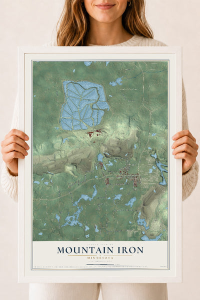Map of Mountain Iron, Minnesota, 18 x 24 inch print in a white wood frame