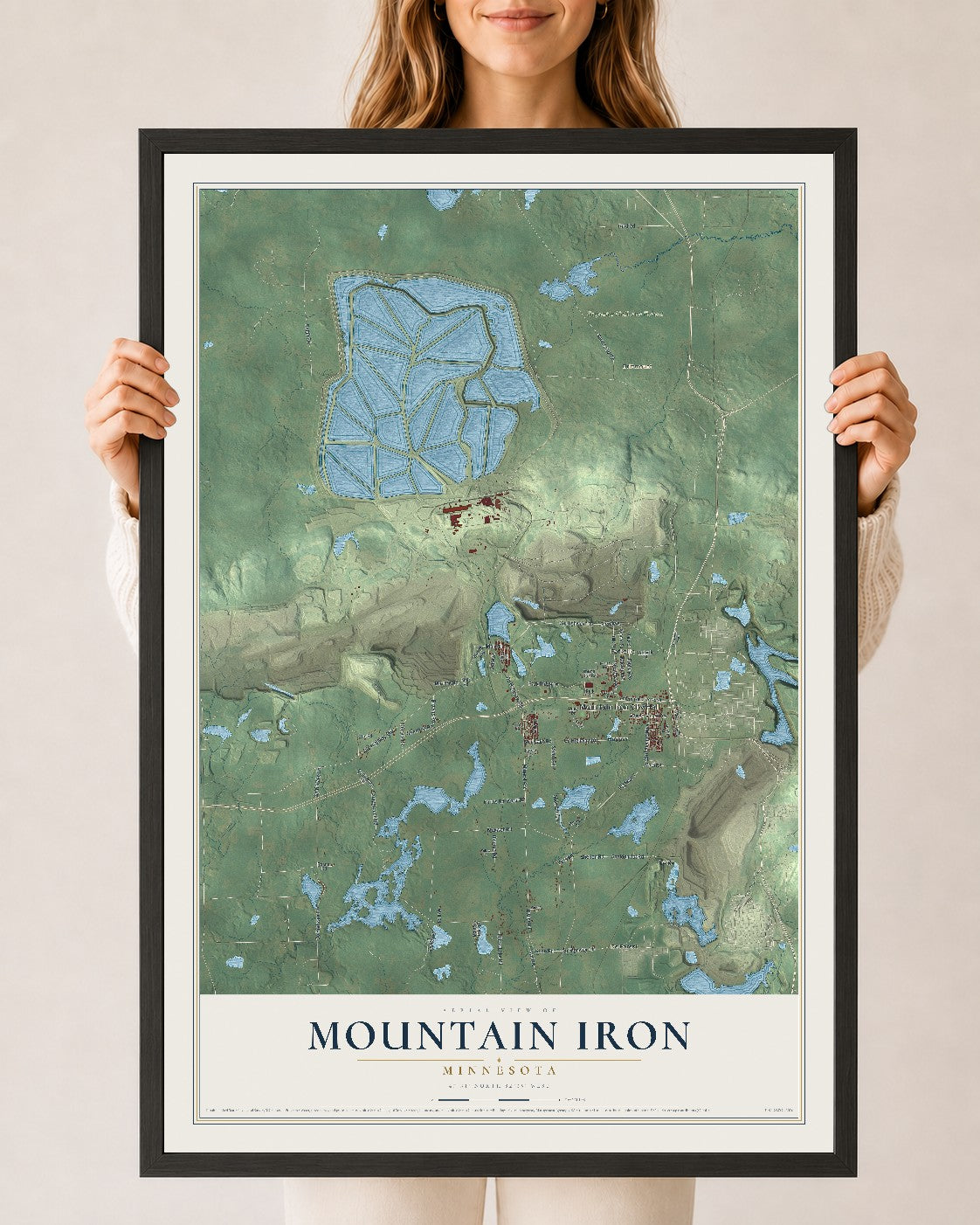 Map of Mountain Iron, Minnesota, 24 x 36 inch print in a black wood frame