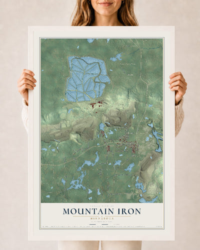 Map of Mountain Iron, Minnesota, 24 x 36 inch print in a white wood frame