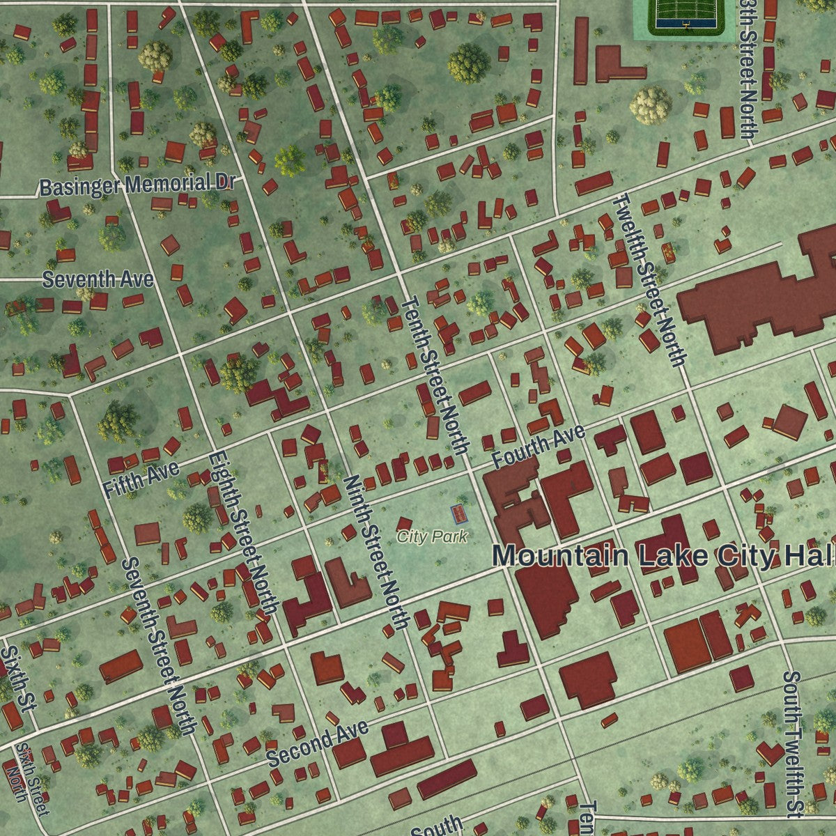 Close-up of the map of Mountain Lake, Minnesota print showing street and building detail