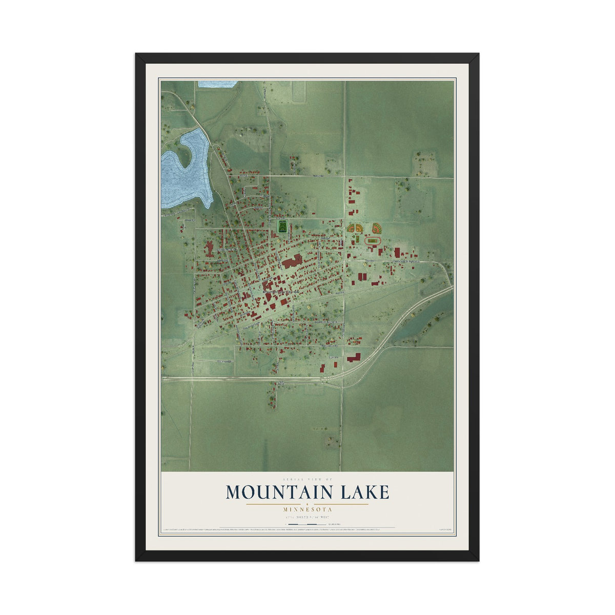 Map of Mountain Lake, Minnesota, 12 x 18 inch print in a black wood frame