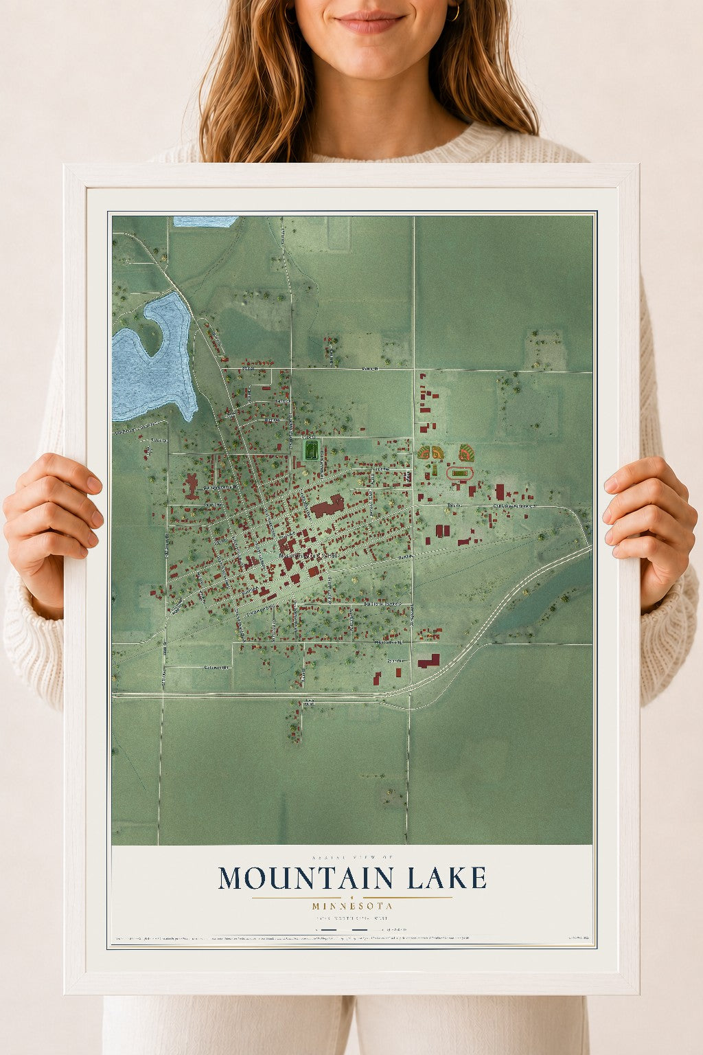 Map of Mountain Lake, Minnesota, 18 x 24 inch print in a white wood frame