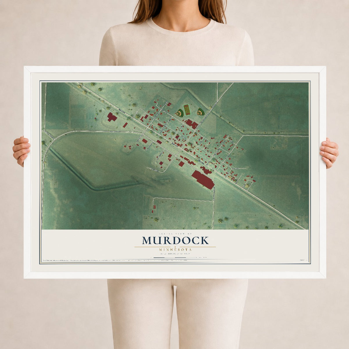 Map of Murdock, Minnesota, 24 x 36 inch print in a white wood frame
