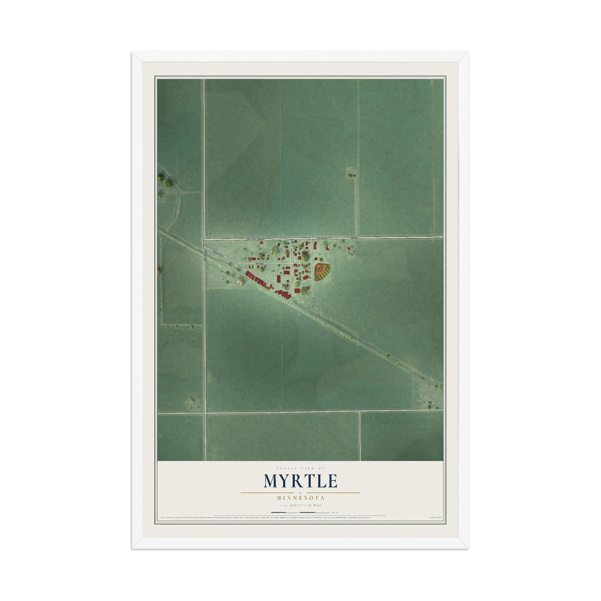 Map of Myrtle, Minnesota, 12 x 18 inch print in a white wood frame