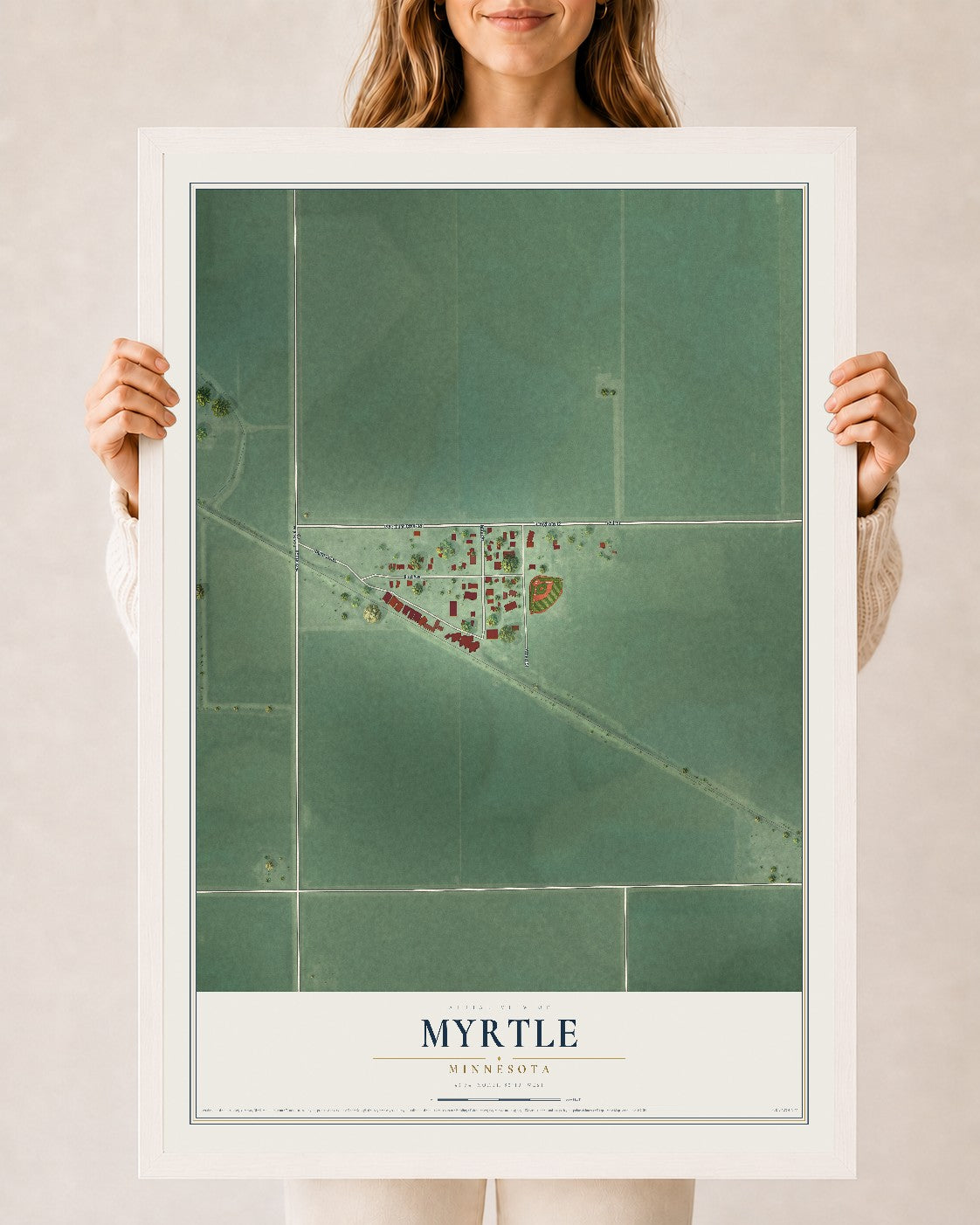 Map of Myrtle, Minnesota, 24 x 36 inch print in a white wood frame