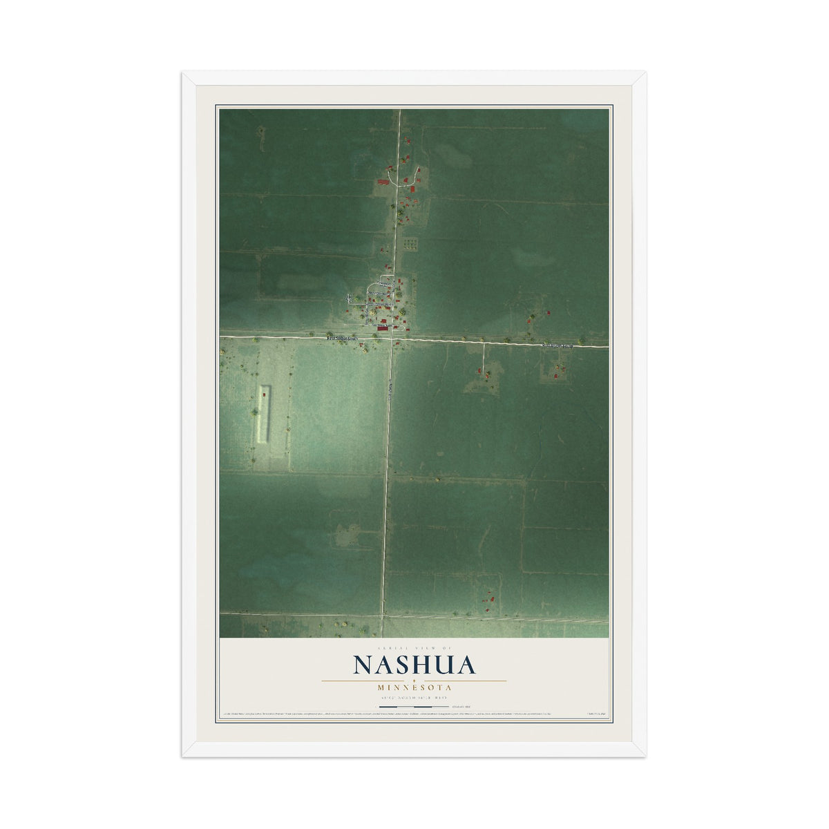 Map of Nashua, Minnesota, 12 x 18 inch print in a white wood frame