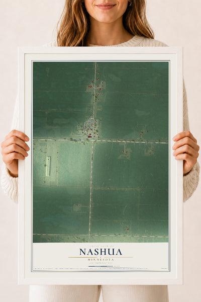 Map of Nashua, Minnesota, 18 x 24 inch print in a white wood frame