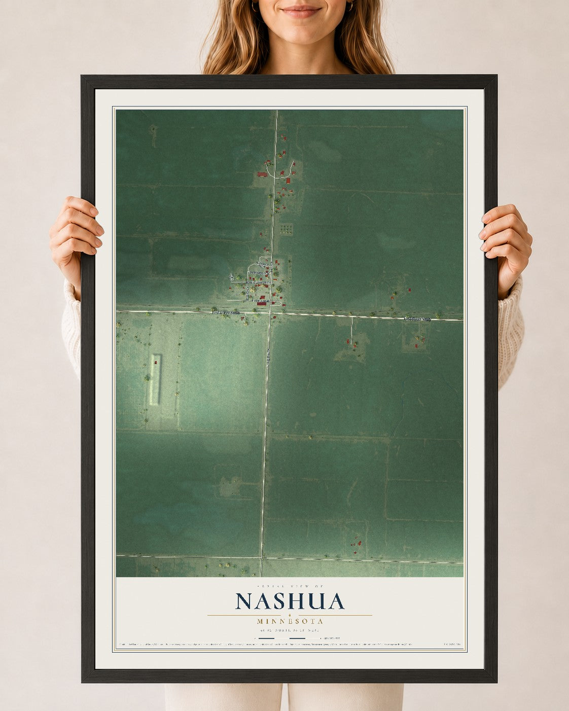 Map of Nashua, Minnesota, 24 x 36 inch print in a black wood frame