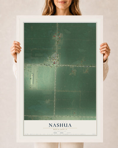 Map of Nashua, Minnesota, 24 x 36 inch print in a white wood frame