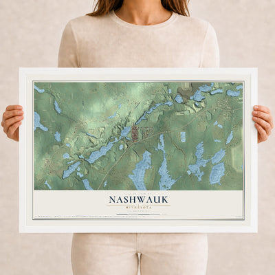 Map of Nashwauk, Minnesota, 12 x 18 inch print in a white wood frame