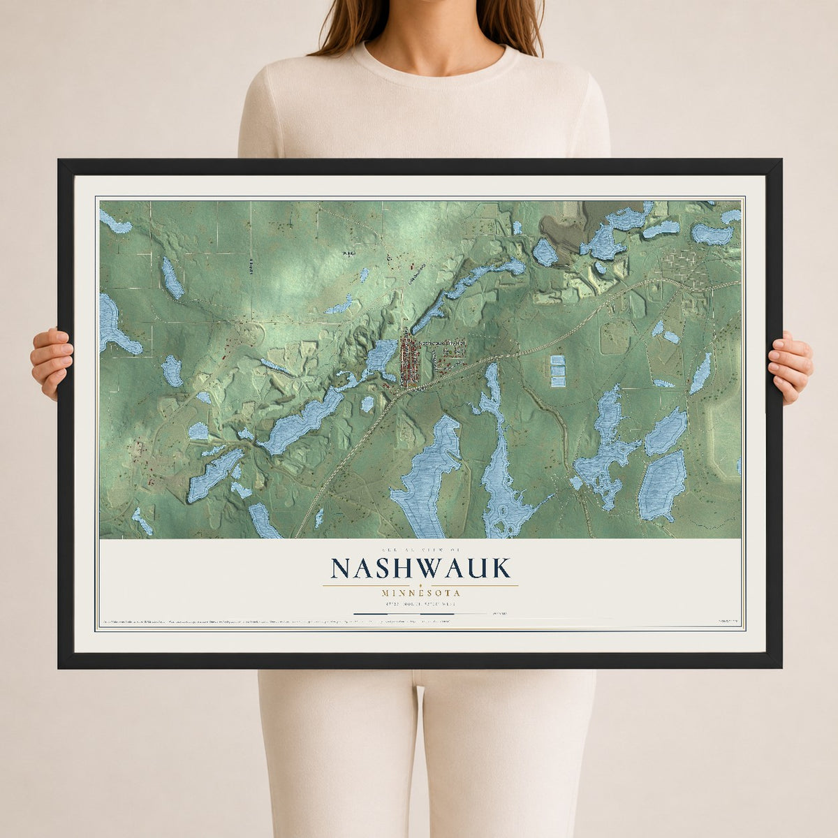 Map of Nashwauk, Minnesota, 24 x 36 inch print in a black wood frame