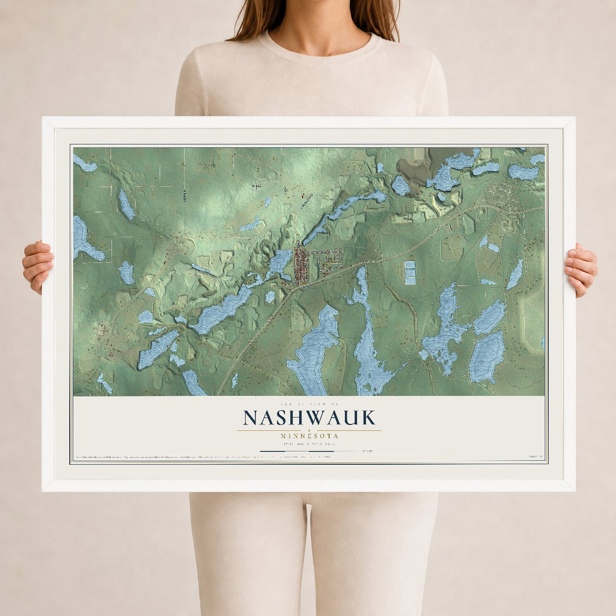Map of Nashwauk, Minnesota, 24 x 36 inch print in a white wood frame