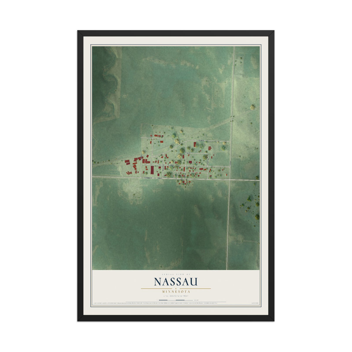 Map of Nassau, Minnesota, 12 x 18 inch print in a black wood frame