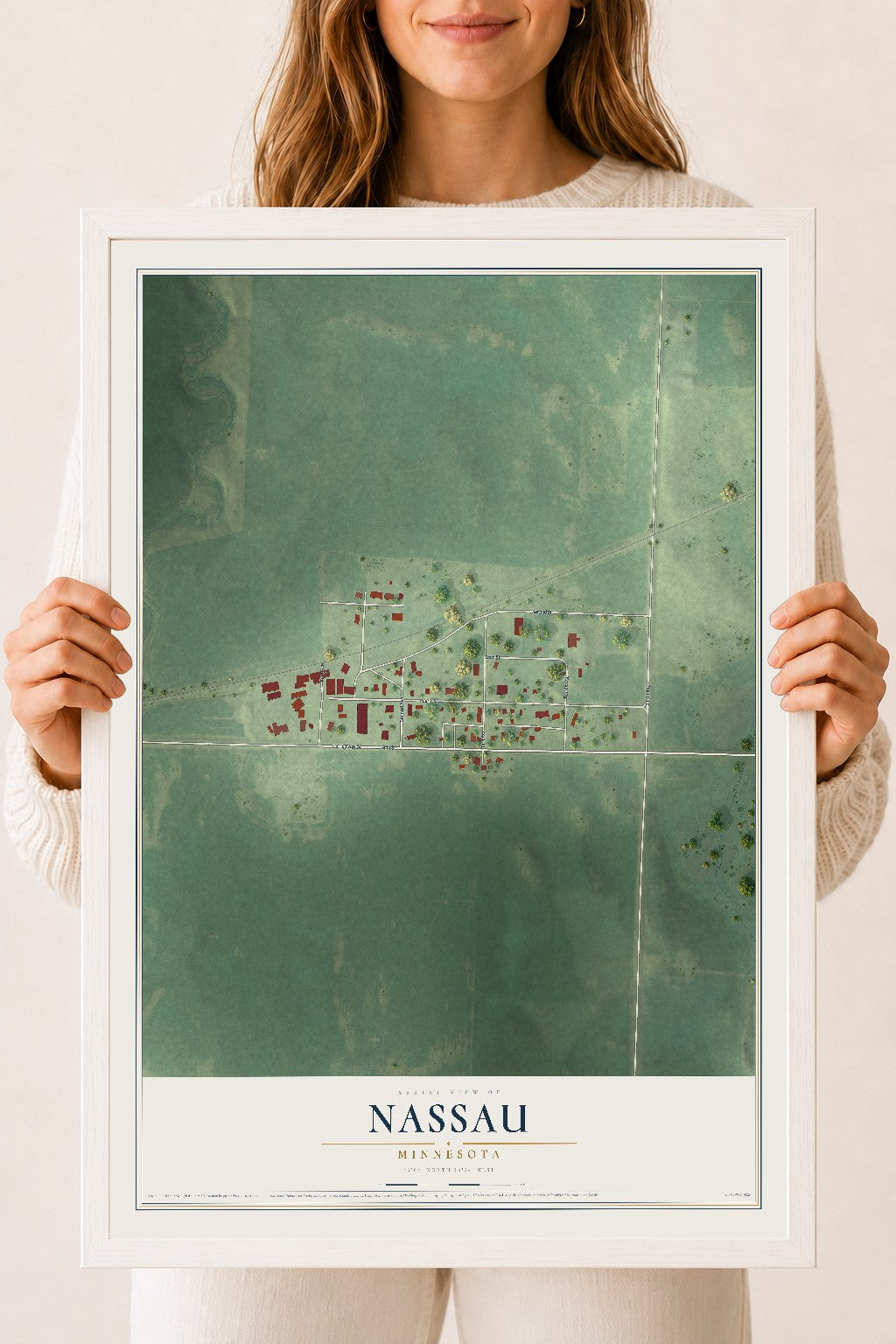 Map of Nassau, Minnesota, 18 x 24 inch print in a white wood frame