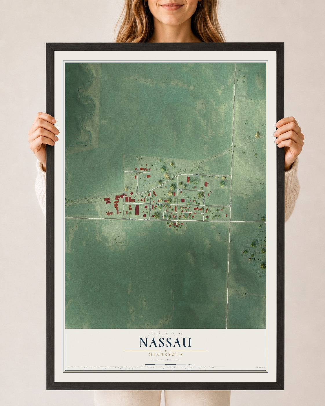 Map of Nassau, Minnesota, 24 x 36 inch print in a black wood frame