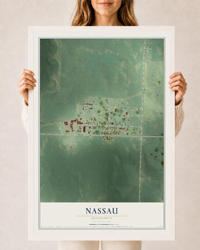 Map of Nassau, Minnesota, 24 x 36 inch print in a white wood frame