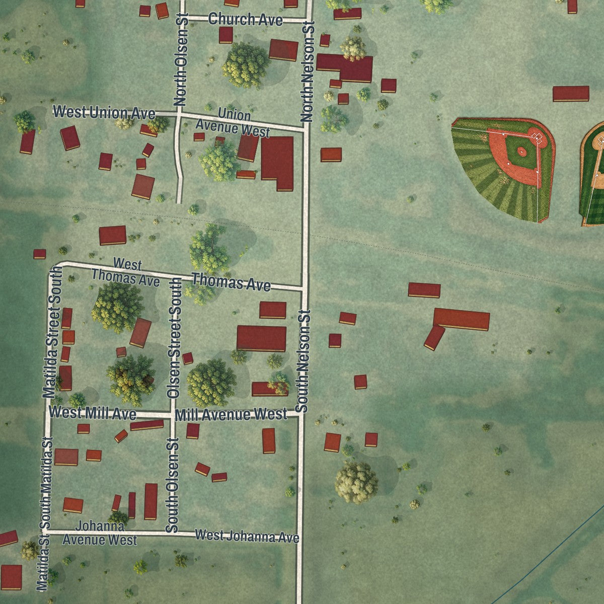 Close-up of the map of Nelson, Minnesota print showing street and building detail