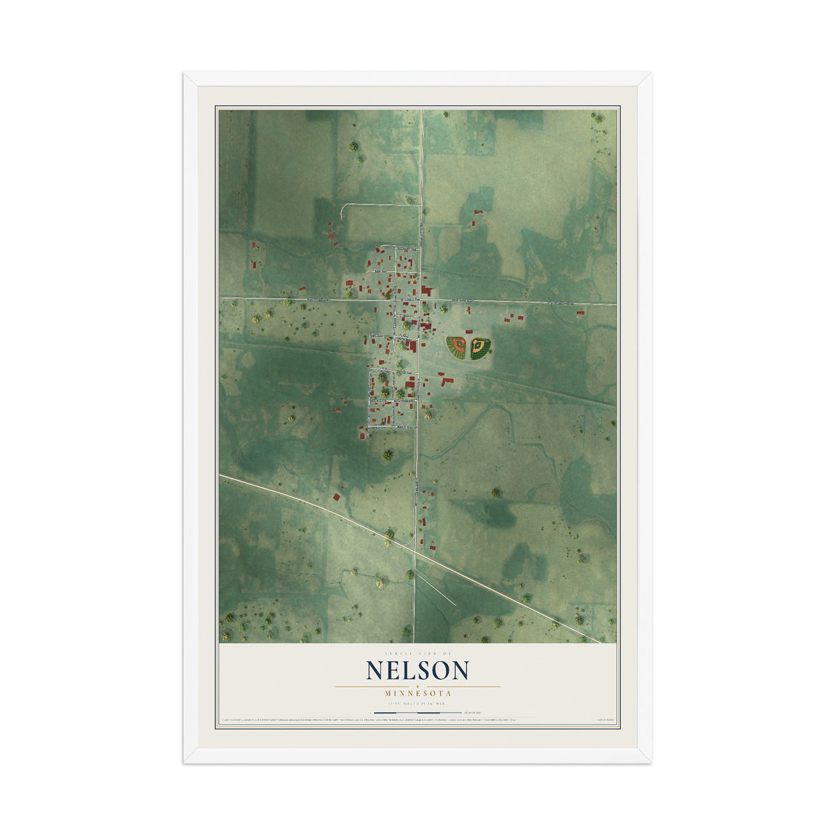 Map of Nelson, Minnesota, 12 x 18 inch print in a white wood frame