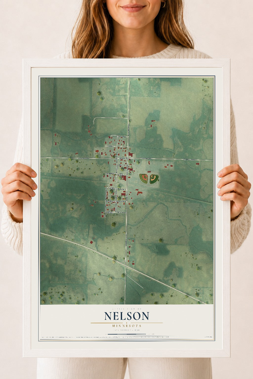 Map of Nelson, Minnesota, 18 x 24 inch print in a white wood frame