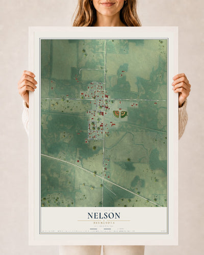 Map of Nelson, Minnesota, 24 x 36 inch print in a white wood frame