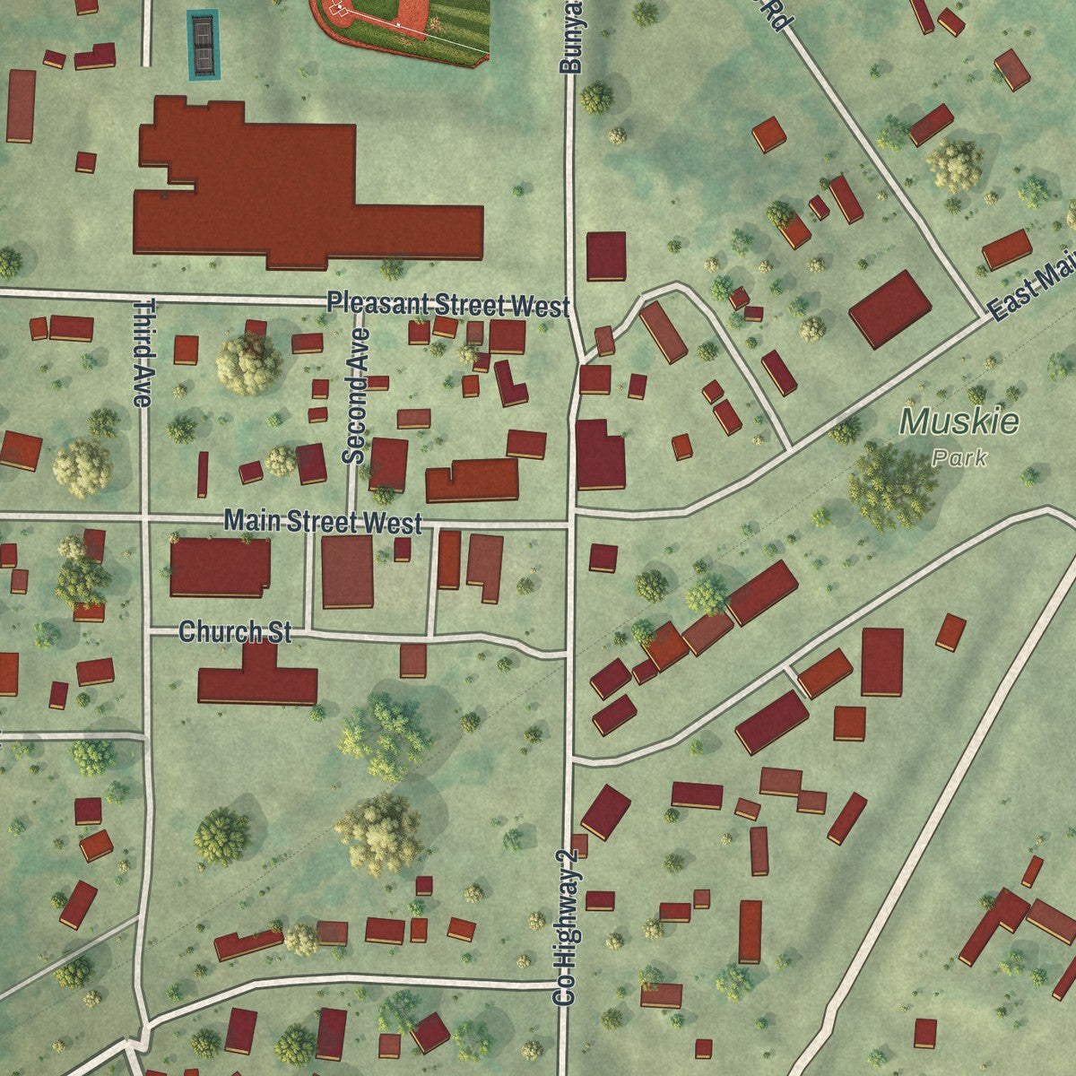 Second close-up of the map of Nevis, Minnesota print showing more streets and buildings