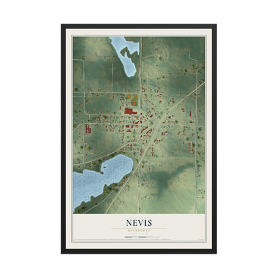 Map of Nevis, Minnesota, 12 x 18 inch print in a black wood frame